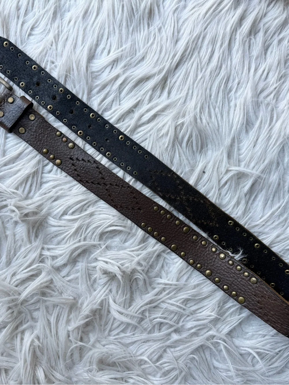 Vintage Linea Pelle Studded Leather Belt Brown Brass Rivets Distressed Boho